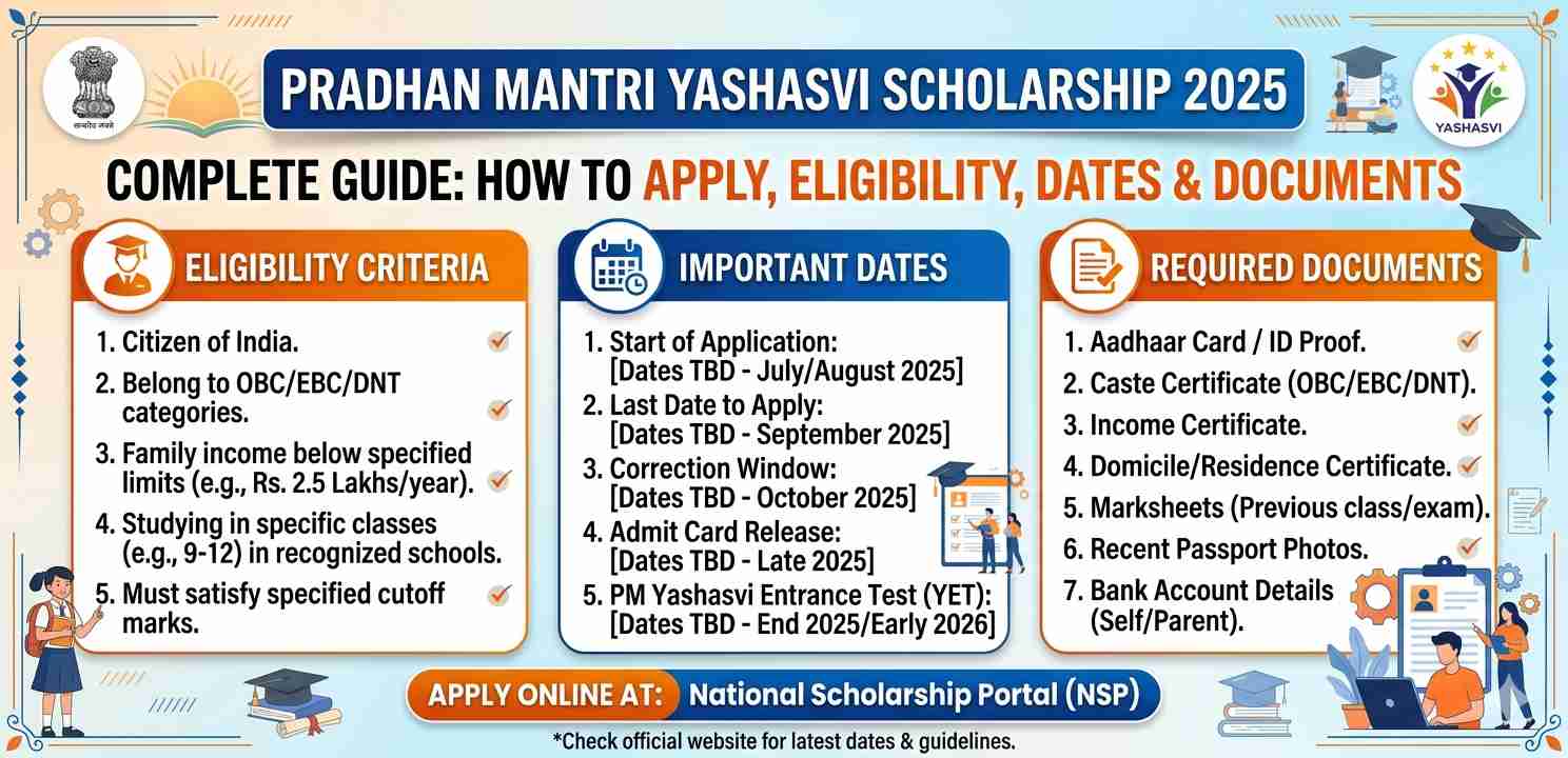 PM Yashasvi Scholarship 2025: Complete Guide to Apply, Eligibility, Dates & Documents